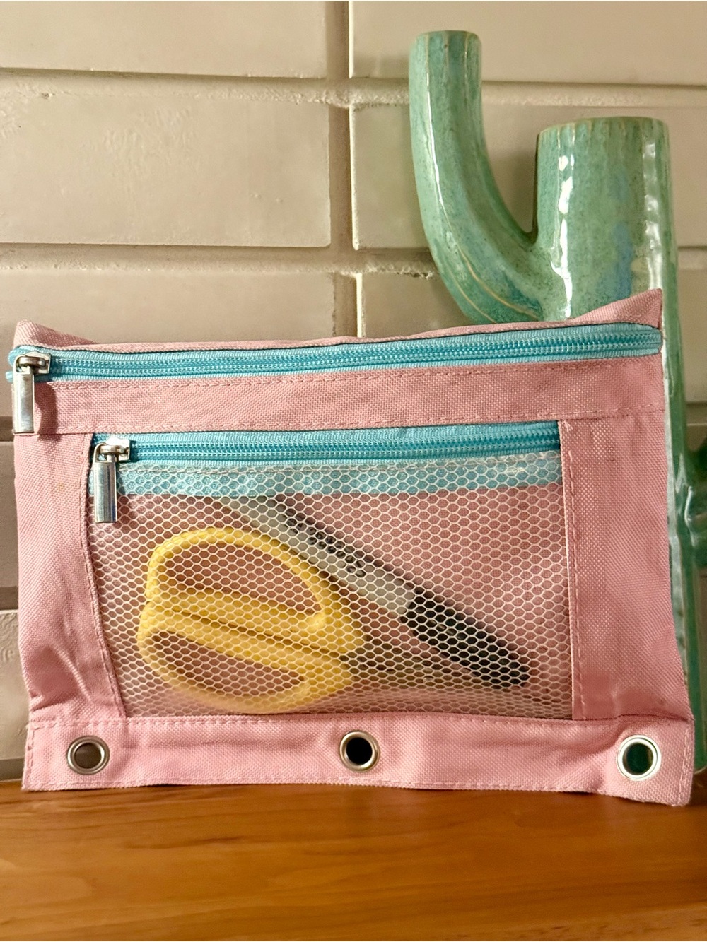 Pink & Teal Canvas Zip Pouch * Mesh Plastic Pocket * Dual Zipper